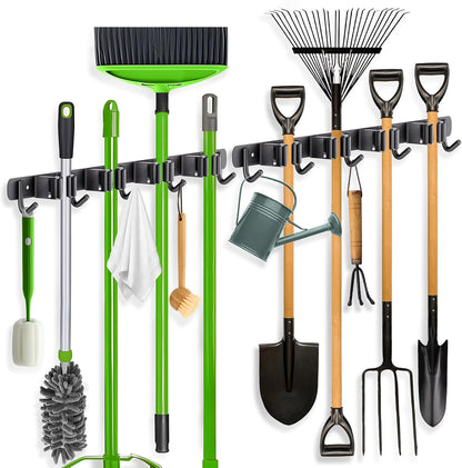 ZONGOOL 2 Pack Mop Broom Holder Wall Mount 4 Racks 5 Hooks Storage Black | 304 Rustproof Stainless Steel Broom Hanger, Non-Slip Wall Mount Organizer, Space Saving For Kitchen, Laundry, Garden