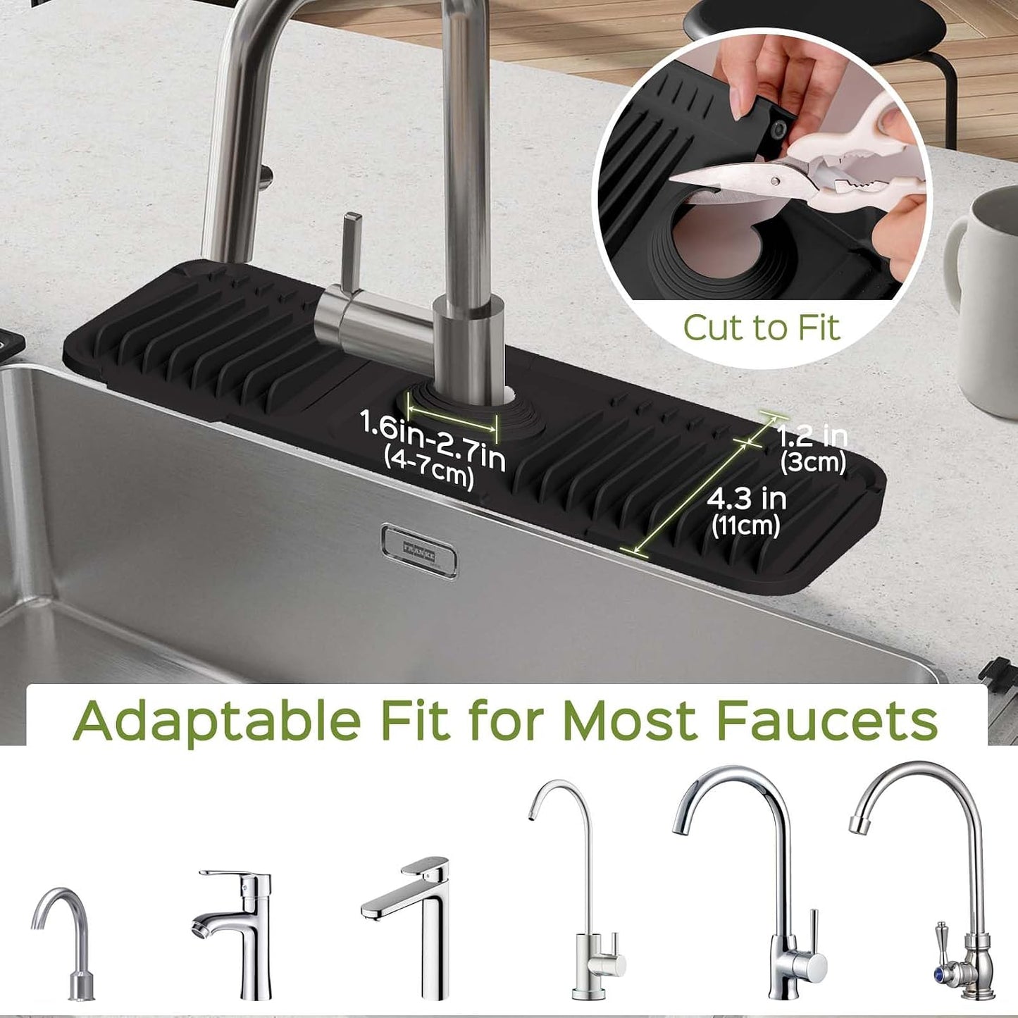 24 Inch Silicone Faucet Mat for Kitchen Sink Splash Guard – Upgraded Draining Mat with Water Tray Behind Faucet – Countertop Protectors to Catch Spills (Black, 24" x 5.5" )