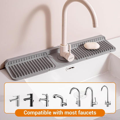 ZJWZLG Faucet Mat for Kitchen Sink, 14"X5.5" Silicone Sink Splash Guard , Snap-On Design & 7°slope Fast Drain, Folding Sink Faucet Mat for Universal Kitchen Bathroom Sink(Grey)