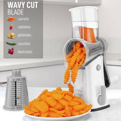 Zulay Kitchen Rotary Cheese Grater 5 Blade Cheese Shredder - Manual Hand Crank Cheese Grater With Reinforced Suction & 5 Interchangeable Drums - Easy to Use, Vegetable Chopper Round Mandoline Slicer - Colors B