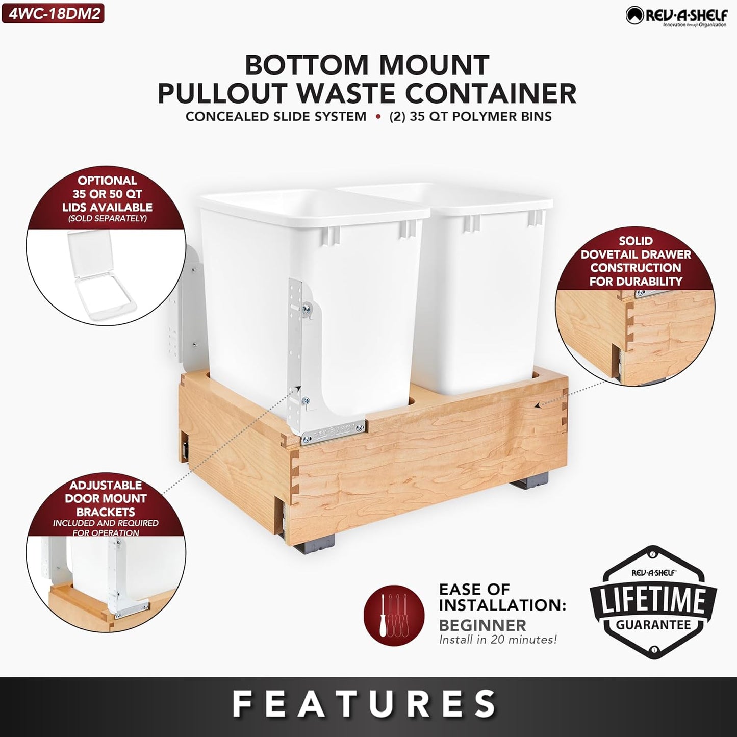 Rev-A-Shelf Double Pullout Trash Can w/Soft-Close Slides, 14.5" Min Opening | Large Capacity Garbage/ Recycling Waste Bins for Under Kitchen Cabinets, Heavy Gauge Wire Construction, 4WC-18DM2