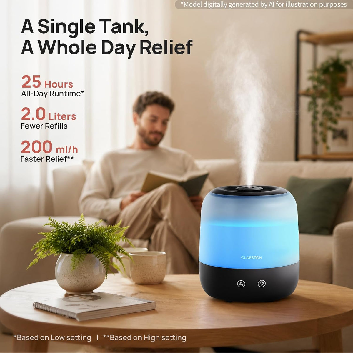 Clarston Humidifiers for Bedroom, 2L Cool Mist Humidifier, 24dB Quiet Sleep