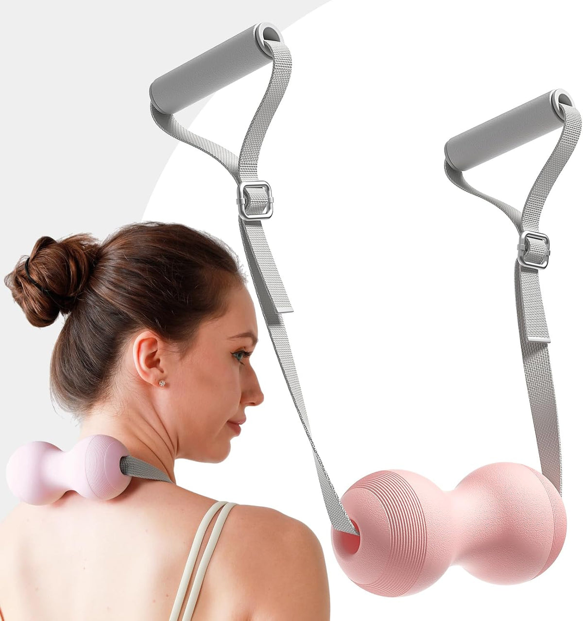 VICSKY Peanut Massage Ball with Handles & Pull Strap - Dual Trigger Point Therapy for Feet, Legs, Neck, Muscle Pain Relief, Myofascial Roller with Adjustable Strap (Pink)