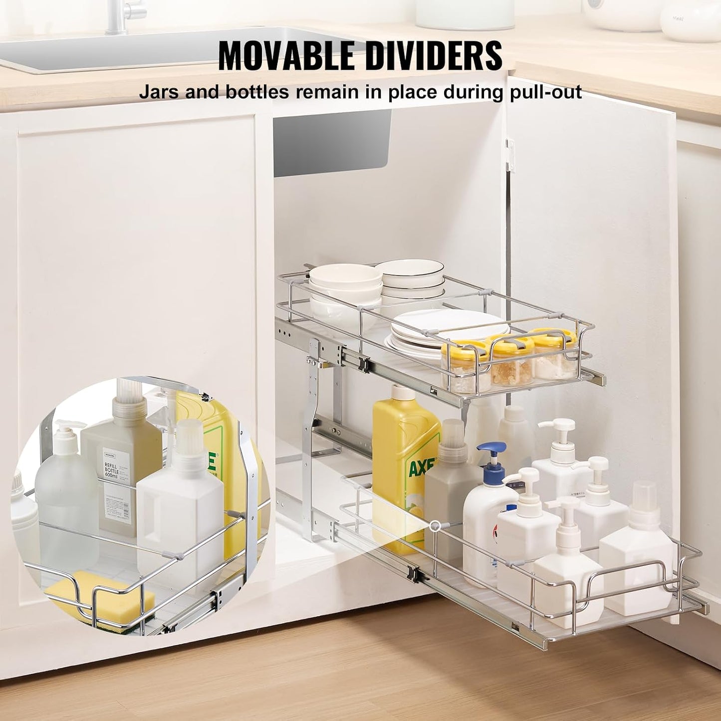 VEVOR Pull Out Cabinet Organizer, 14" Wx21.2 Dx15.2 H Heavy 2 Tier Duty Slide Out Pantry Shelves, Chrome-Plated Steel Roll Out Drawer for Under Sink, 15.5" Wx22.5 Dx19 H Install Size for Cabinet