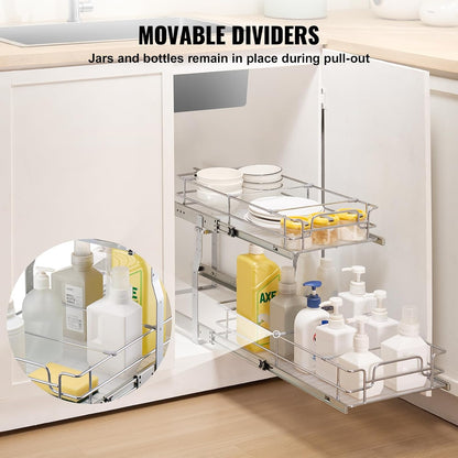 VEVOR Pull Out Cabinet Organizer, 14" Wx21.2 Dx15.2 H Heavy 2 Tier Duty Slide Out Pantry Shelves, Chrome-Plated Steel Roll Out Drawer for Under Sink, 15.5" Wx22.5 Dx19 H Install Size for Cabinet