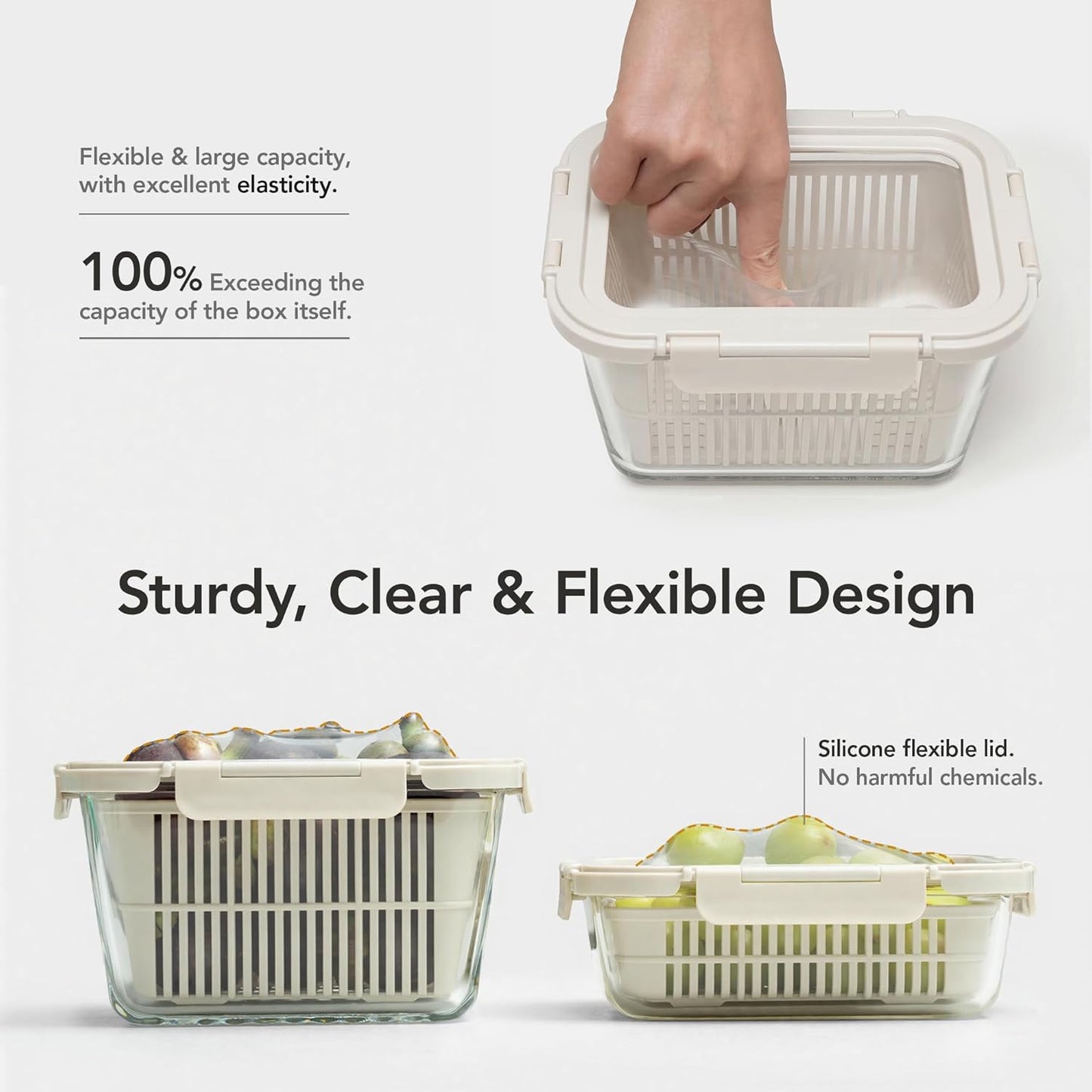 Glass Produce Storage Containers for Fridge, 2-Pack – Airtight Fruit & Vegetable Containers with Removable Colanders, Flexible Silicone Lids,LeakProof, BPA-Free Borosilicate Glass