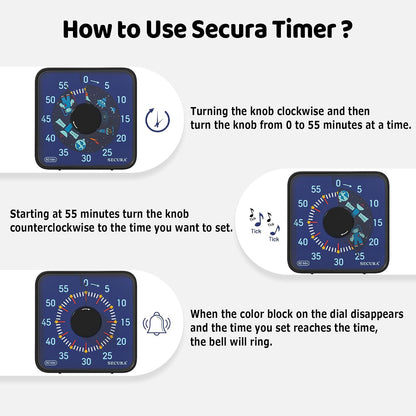 Secura 7.5-Inch Rocket Pattern Visual Timer for Kids, 60-Minute Countdown Timer for Classroom or Kitchen, Durable Mechanical Timer Clock with Magnetic Backing (Blue)