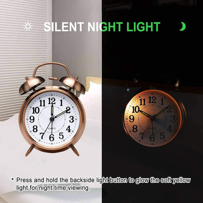 Azyh Loud Alarm Clock for Heavy Sleepers Adults, Metal 4 Inches Twin Bell Battery Operated Alarm Clocks for Bedrooms Decoration, Silent Non-Ticking, Back-to-School Gift (Red Brown)