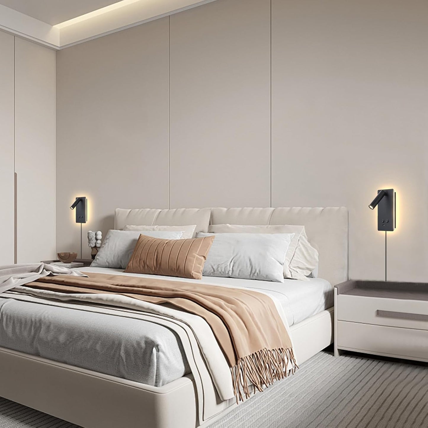 MOLUOLA LED Wall Lamp Wall Mounted Reading Lights, Adjustable Headboard Plug in Wall Sconce with USB C+A Ports, Headboard Bedside Lamp with 9W+3W Night Light 3000K (White)