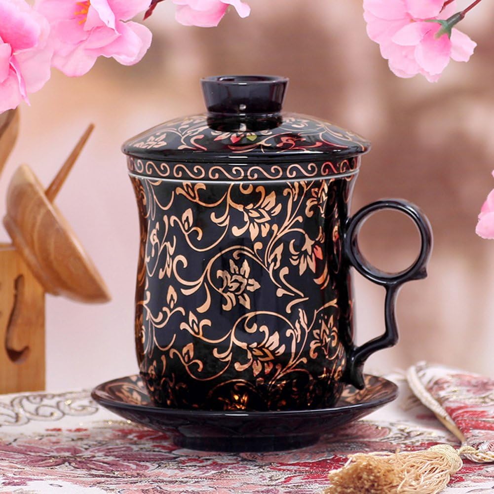 Porcelain Tea Cup with Infuser Lid and Saucer Sets - Chinese Jingdezhen Ceramics Coffee Mug Teacup Loose Leaf Tea Brewing System for Home Office