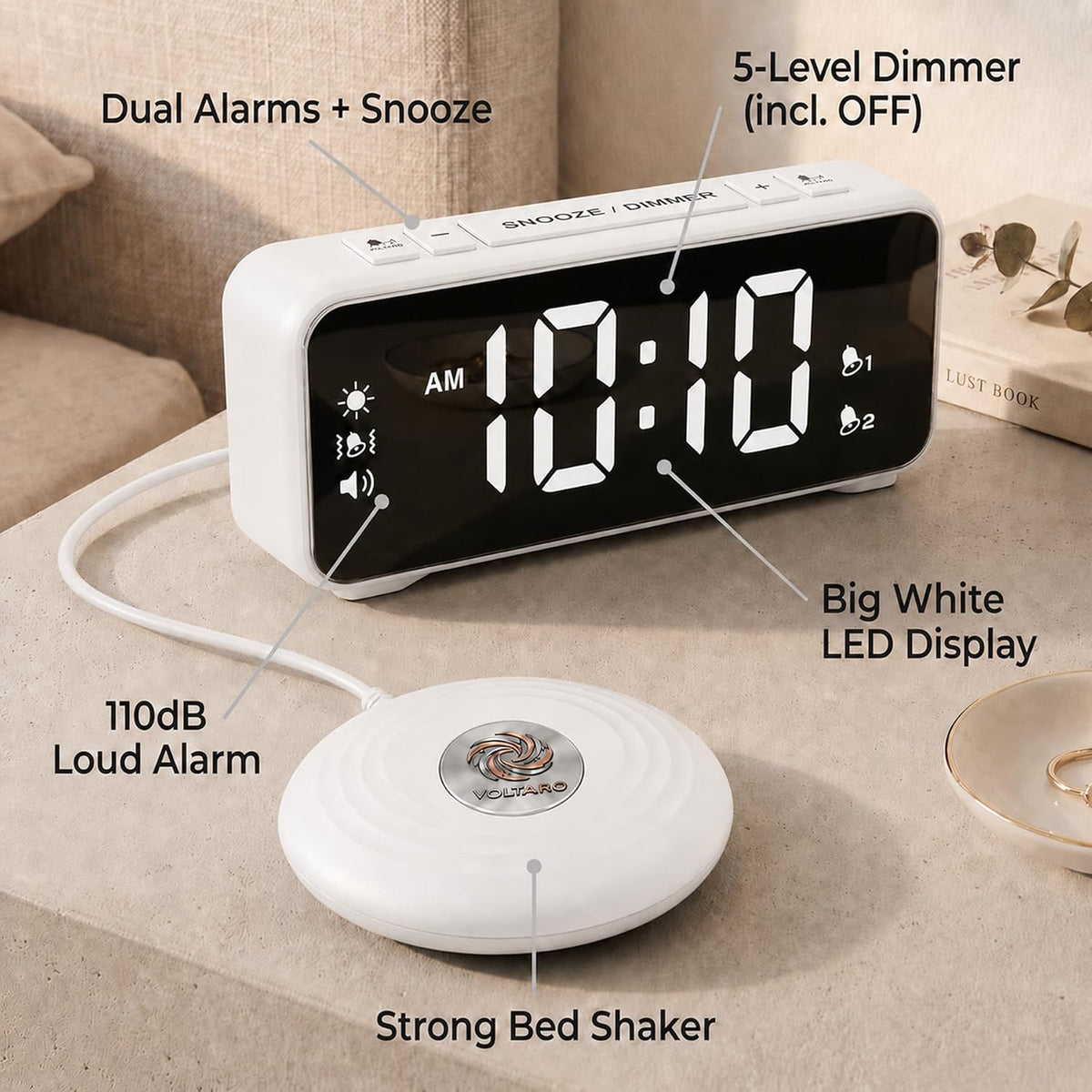 Vibrating Bed Shaker Alarm Clock for Deaf & Hard of Hearing, Black