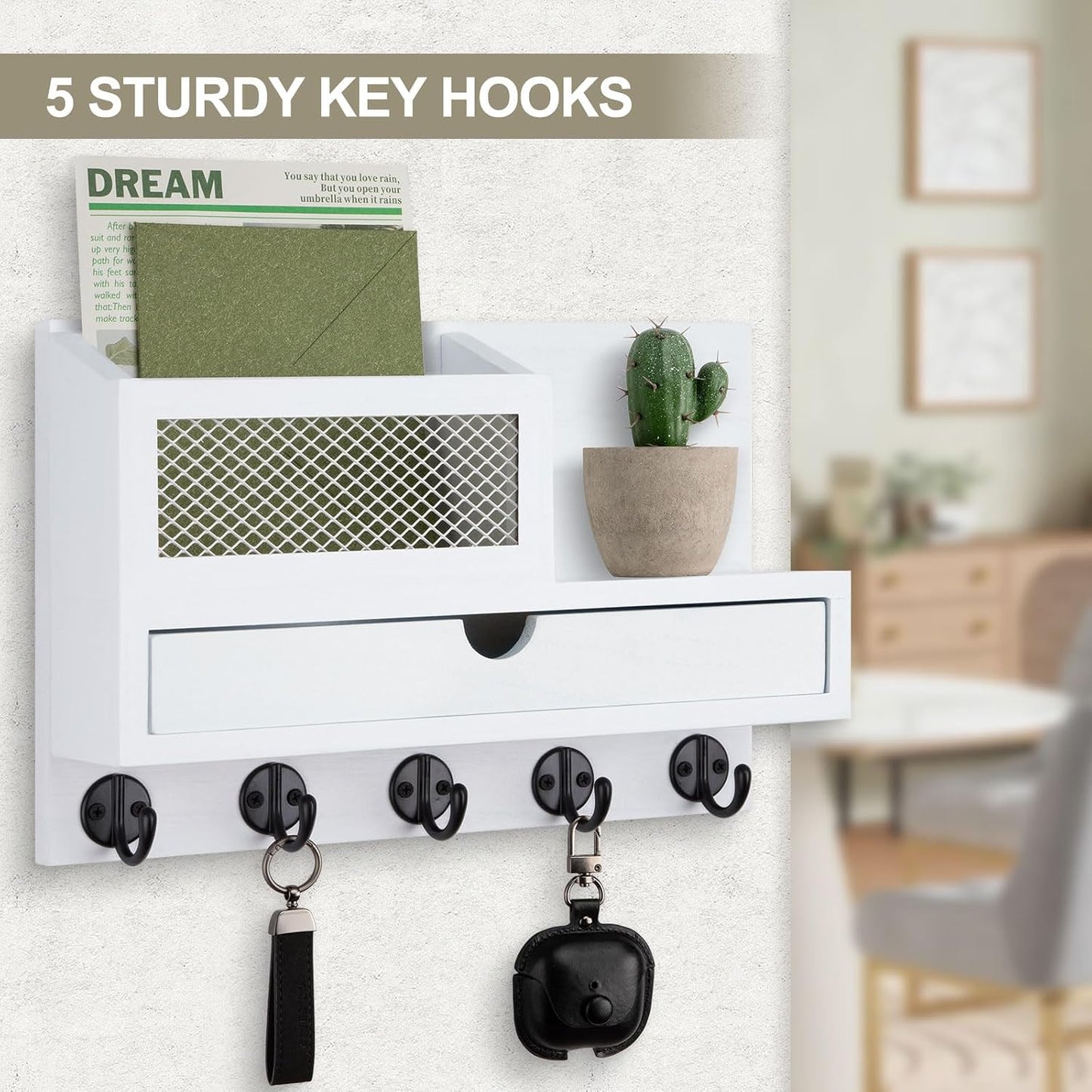 Key Holder for Wall with 5 Key Hooks and Storage Drawer | Key Holder Wall Mount, Mail Organizer for Entryway Living Room Farmhouse Home Decor