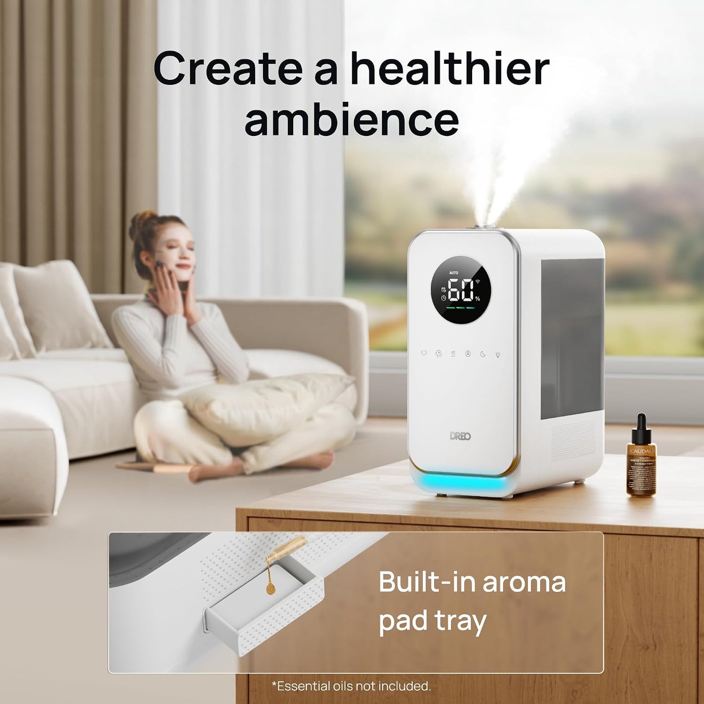 DREO Humidifiers for Bedroom, Top-filled Smart Quiet Cool Mist Humidifier for Large Room Home, Oil Diffuser & Nightlight, 50Hours Runtime for Indoor Plants, with Alexa/Google, White