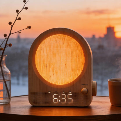 Vivilumens Gradual Sunrise Alarm Clock & White Noise Sound Machine for Better Sleep - Wood Grain Design, Wake-Up Light, Night Light, 10 Natural Sounds, Dual Alarms for Heavy Sleepers