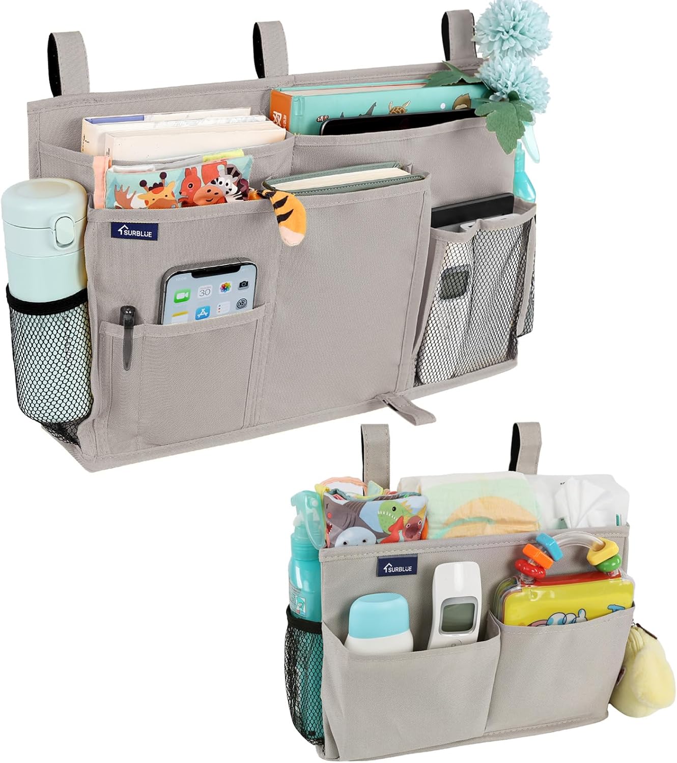 Surblue Bedside Caddy Hanging Organizer Storage Bag Pocket for Bunk, Hospital, College Dorm Rooms, Baby Bed Rails, Camp - 4 Pockets, 2 Hooks (Blue)