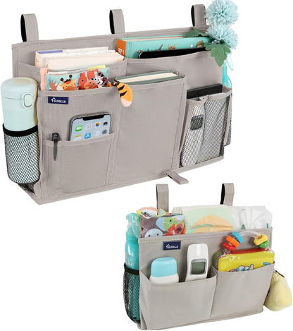 Surblue Bedside Caddy Hanging Organizer Storage Bag Pocket for Bunk, Hospital, College Dorm Rooms, Baby Bed Rails, Camp - 4 Pockets, 2 Hooks (Blue)