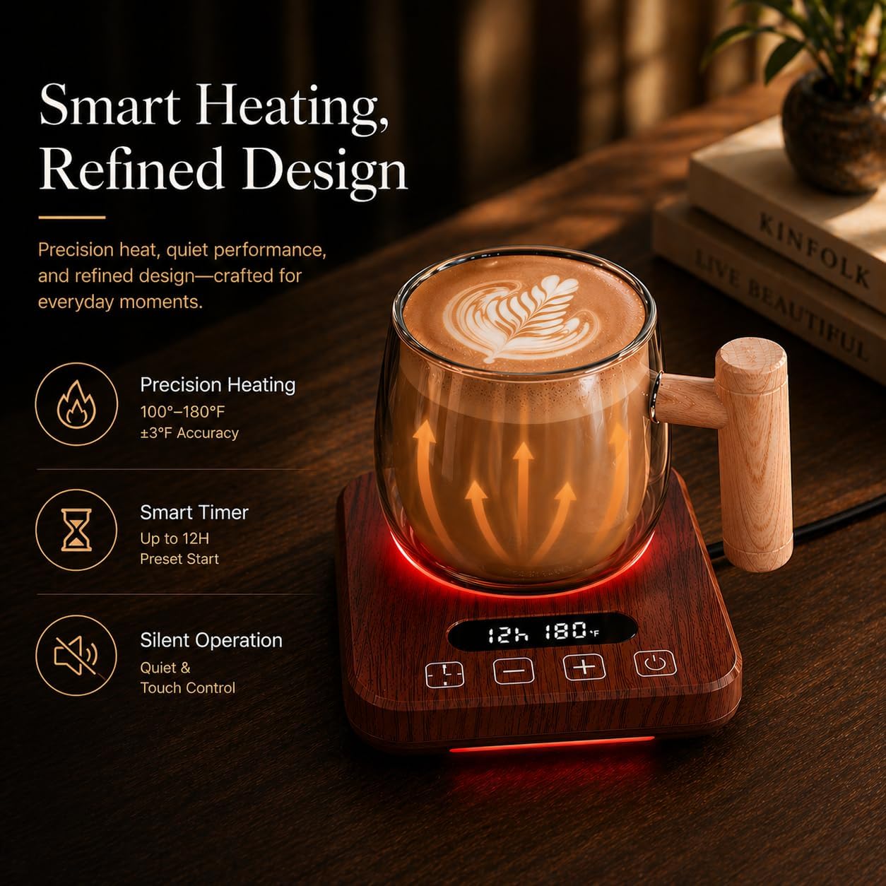 Coffee Mug Warmer, 36W, 120–180°F, 1–12H Timer | 7 heat levels, fast metal heating plate, digital touch control, 8H auto shut-off, wood-grain finish for desk use