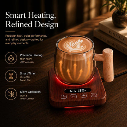 Coffee Mug Warmer, 36W, 120–180°F, 1–12H Timer | 7 heat levels, fast metal heating plate, digital touch control, 8H auto shut-off, wood-grain finish for desk use
