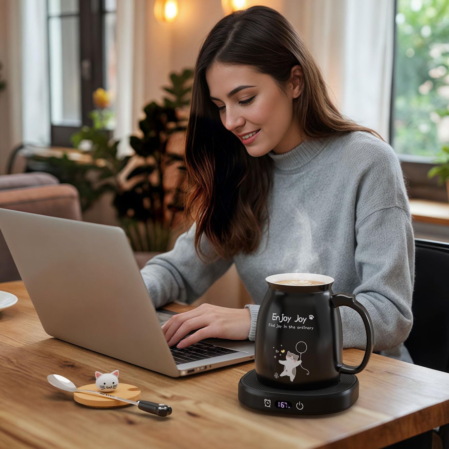 Cat Mug Coffee Mug Warmer Set for Desk Electric Heated Tea Cup Candle Plate | Cute Cat Cup Warmer Set, Self Heating Tea Warmer for Office Home, 8Hrs Auto Shut Off 4 Temperature Setting, Christmas Gift