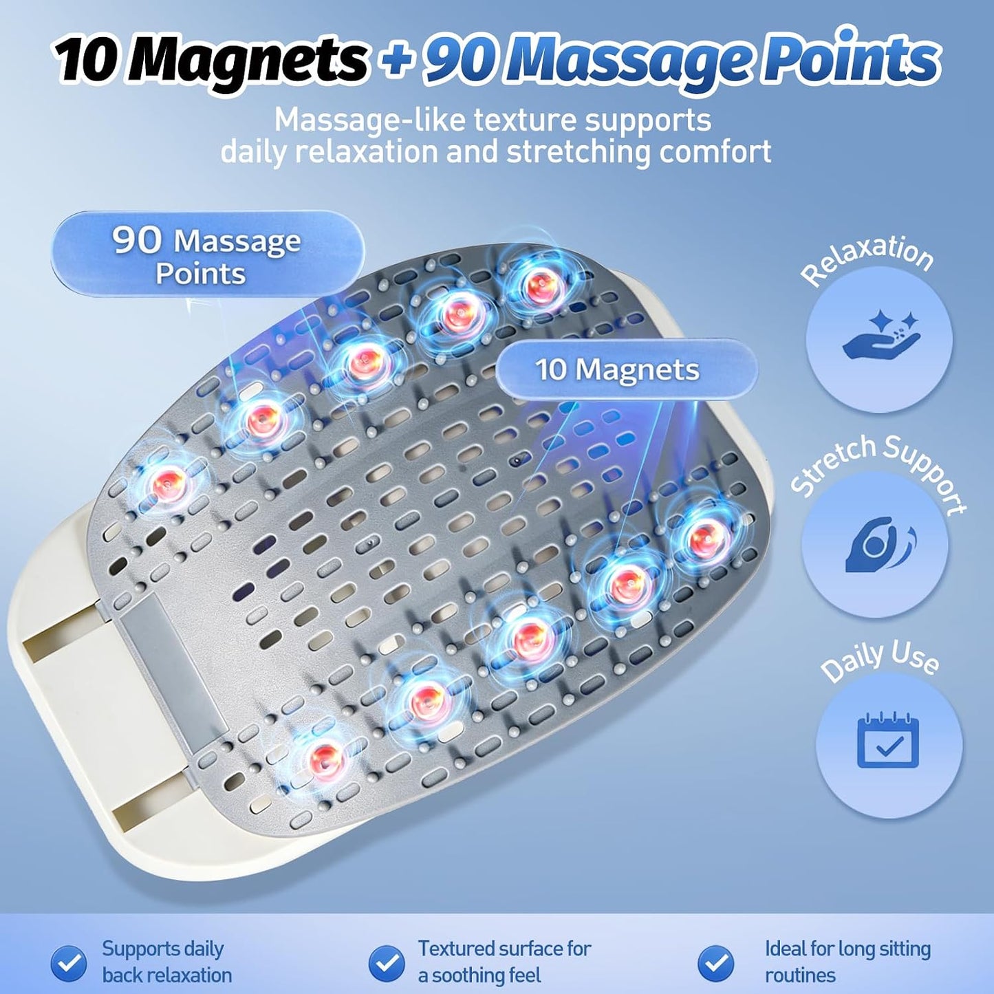 Back Stretcher for Lower Back, Pneumatic Adjustable Lumbar Support Board with 10 Magnets and 90 Massage Points, Daily Back Stretching Device for Home, Office, Yoga and Travel