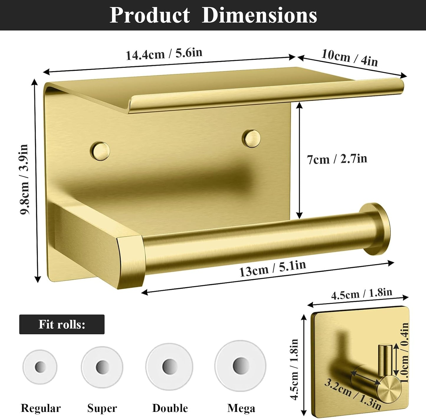 Tindbea Toilet Paper Holder Wall Mount + Towel Robe Hooks, Adhesive or Screw Wall Mounted Toilet Paper Roll Holder with Shelf, Stainless Steel Bathroom Organizers and Storage Kit (Brushed Gold)