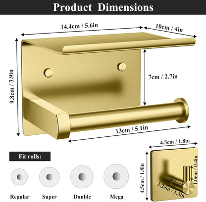 Tindbea Toilet Paper Holder Wall Mount + Towel Robe Hooks, Adhesive or Screw Wall Mounted Toilet Paper Roll Holder with Shelf, Stainless Steel Bathroom Organizers and Storage Kit (Brushed Gold)