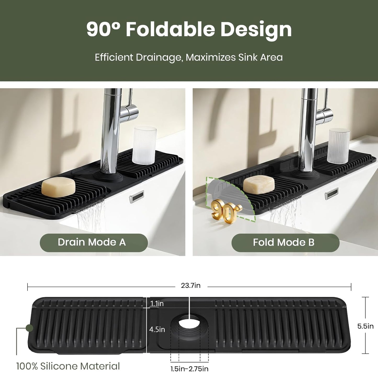 24 Inch Faucet Mat for Kitchen Sink, Silicone Splash Guard for Kitchen Sink Area, 7° Slope Fast Self-Draining Sink Mat, Cuttable Hole Design, Sink Backsplash Guard Draining Mat, Grey