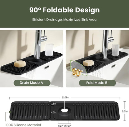 24 Inch Faucet Mat for Kitchen Sink, Silicone Splash Guard for Kitchen Sink Area, 7° Slope Fast Self-Draining Sink Mat, Cuttable Hole Design, Sink Backsplash Guard Draining Mat, Grey