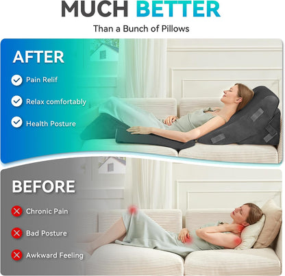 4PCS Bed Wedge Pillow Post Surgery, Orthopedic Sleeping Wedge Pillow Set for Back, Neck and Leg Pain Relief, Acid Reflux, GERD, Memory Foam Support Pillows for After Surgery, Grey