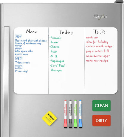 Magnetic Dry Erase Board: Small Fridge Whiteboard, Flexible Refrigerator Magnet White Board, Blank Writing Note Sheet with Dishwasher Magnet Clean Dirty Sign, 4 Markers & Eraser - 12 x 8