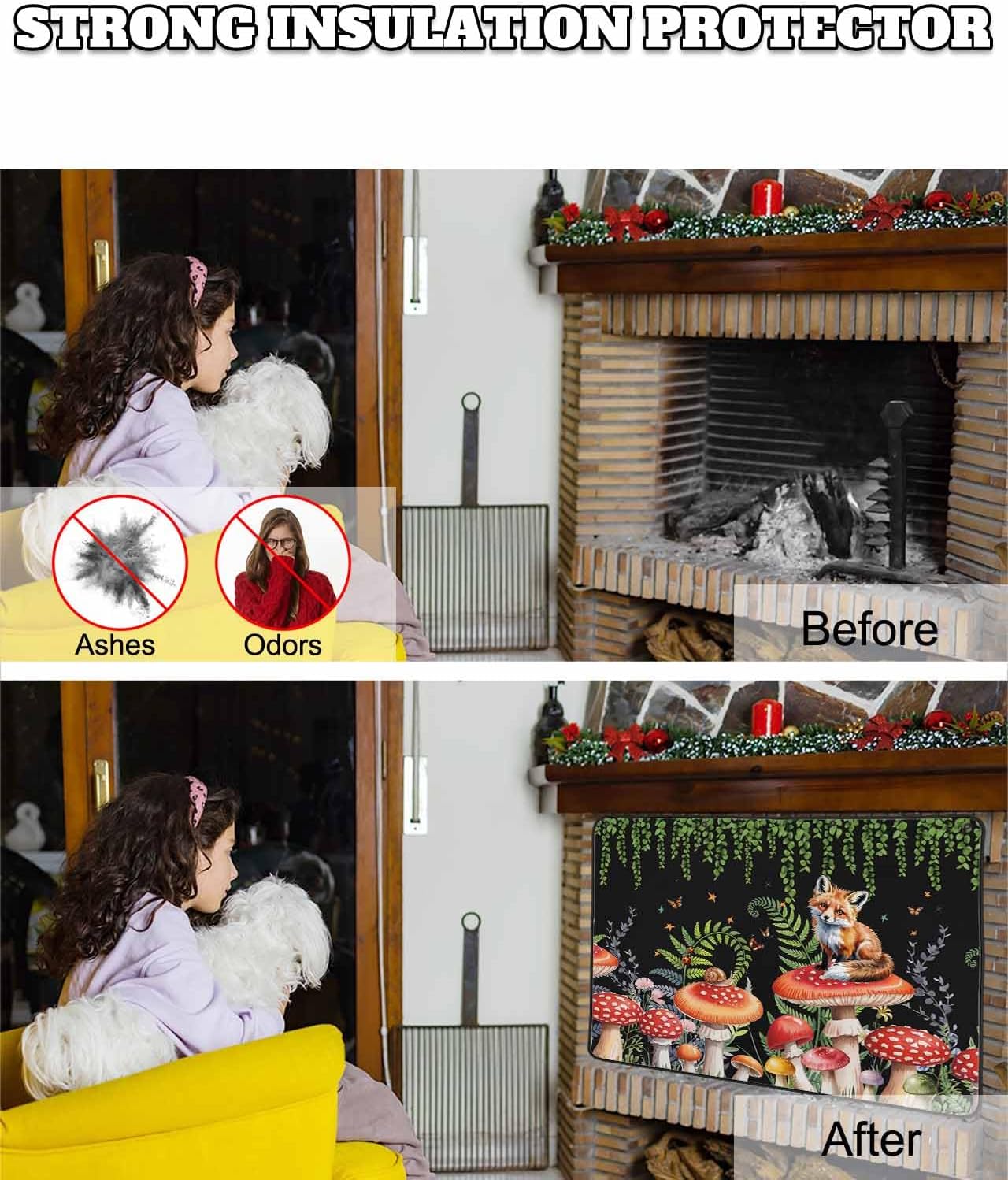 Magnetic Fireplace Cover Red Mushroom Fox Fireplace Screen Decorative Eucalyptus Leaves Butterfly Black Insulation Fireplaces Blocker Save Energy Fireplaces Draft Stopper Covers for Living Room 36x30