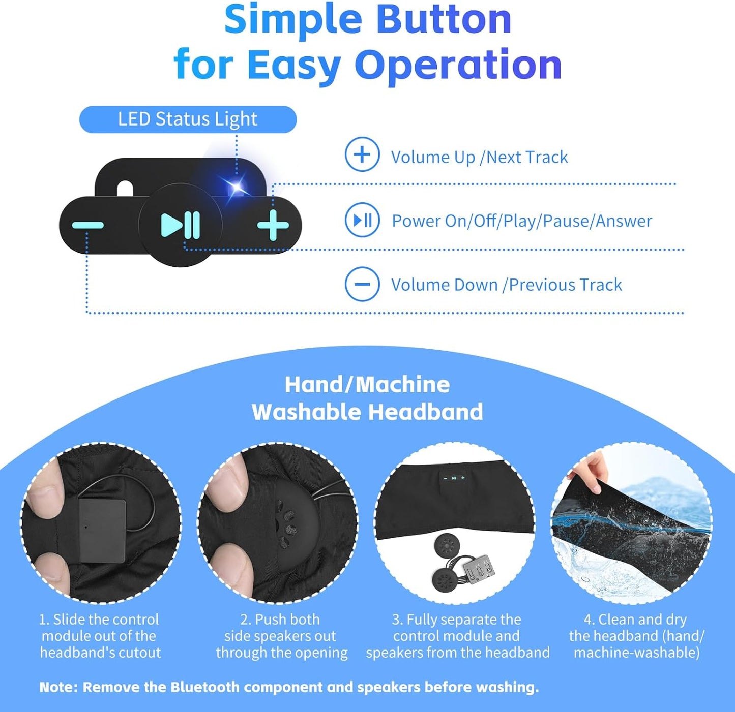 Sleep Headphones Bluetooth 6.0 Headband for Side Sleeper (Black) | 200mah cell for 20hr playback, 3mm ultra-thin speaker & mic, HD stereo, removable and washable, 2-in-1 sport & sleep headband