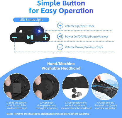Sleep Headphones Bluetooth 6.0 Headband for Side Sleeper (Black) | 200mah cell for 20hr playback, 3mm ultra-thin speaker & mic, HD stereo, removable and washable, 2-in-1 sport & sleep headband
