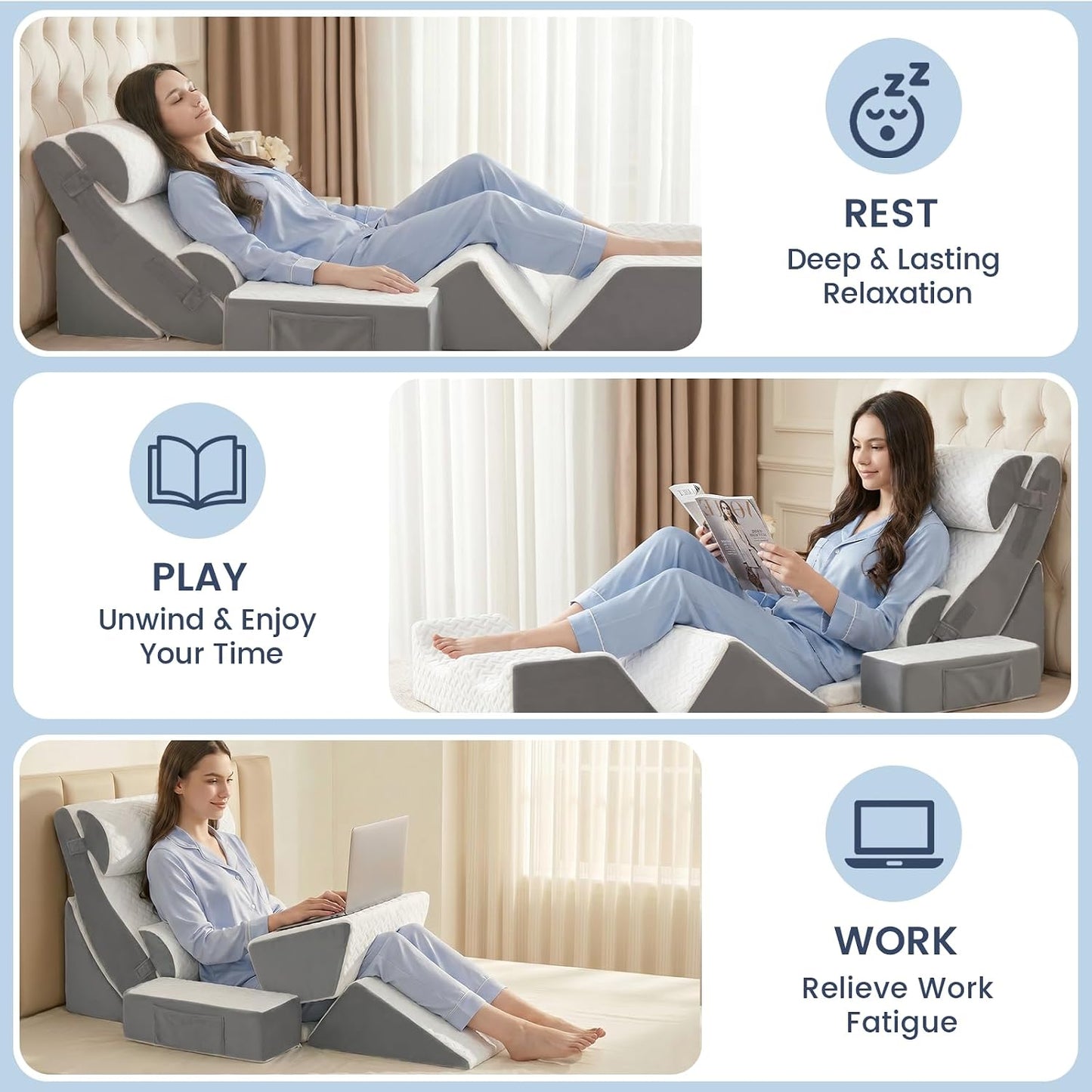 5PCS Wedge Pillow Set for After Surgery, Adjustable Orthopedic Foam Bed Wedge Pillow for Acid Reflux, GERD & Heartburn Relief, Back & Leg Elevation Support for Sleeping & Sitting Up, White Grey