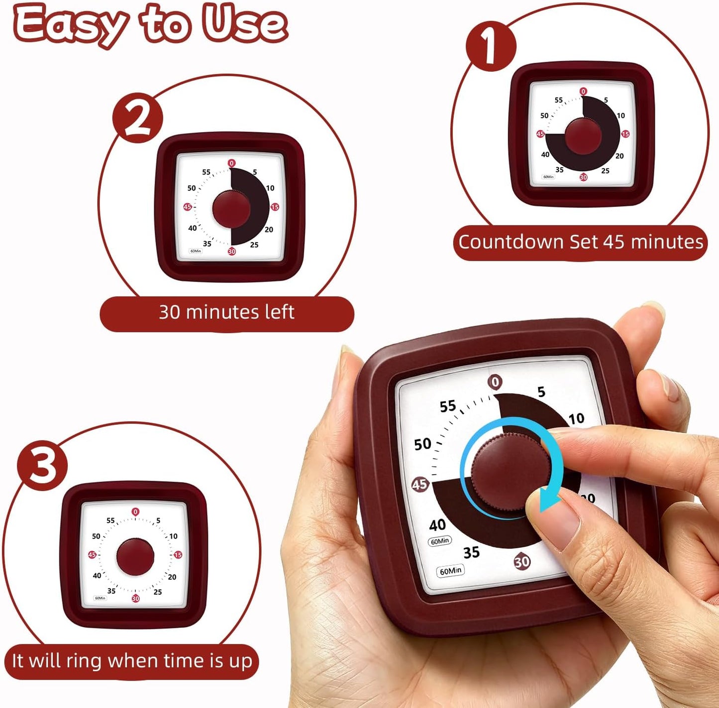 Visual Timer 60 Minute Timer Silent Countdown Clock – No Ticking, Gentle Ring with Mute Option, Timers for Kids Homework Classroom Management Kitchen Pasta, Adult Pomodoro & Deep Work, Purple