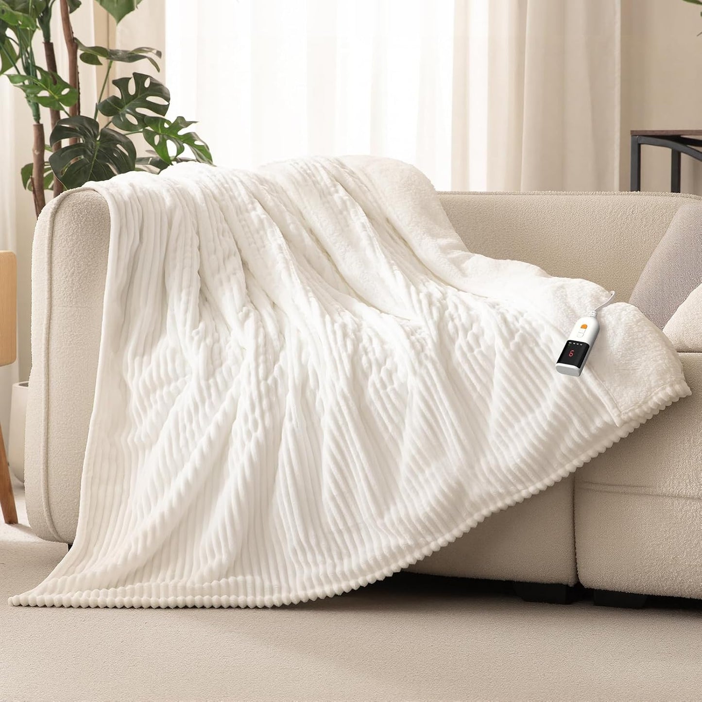 Heated Throw Blanket, 5 Heat Levels, 3 Hours Auto-Off, White | ETL & FCC certified, 50" × 60", OEKO-TEX fabric, machine washable, 100W low energy