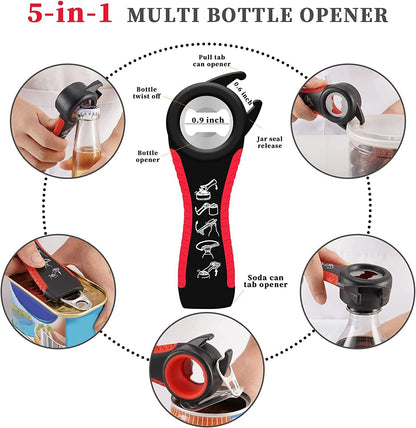 Jar Opener Bottle Opener for Weak Hands, 5 in 1 Multi Function Can Opener Bottle Opener Kit with Silicone Handle Easy to Use for Children, Elderly and Arthritis Sufferers, Red