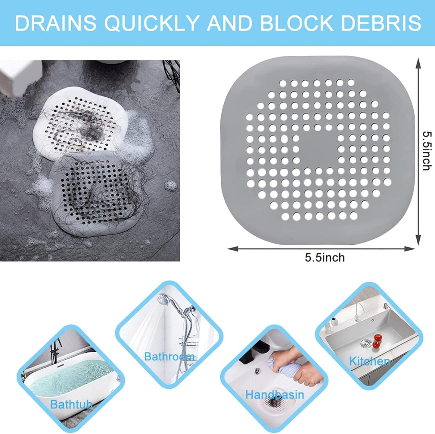 2 Pack Shower Drain Hair Catcher, Silicone Drain Cover with Suction Cup,Shower Drain Protector Drain Strainer Hair Stopper for Kitchen Bathroom Bathtub Sink(New Black 2Pack)