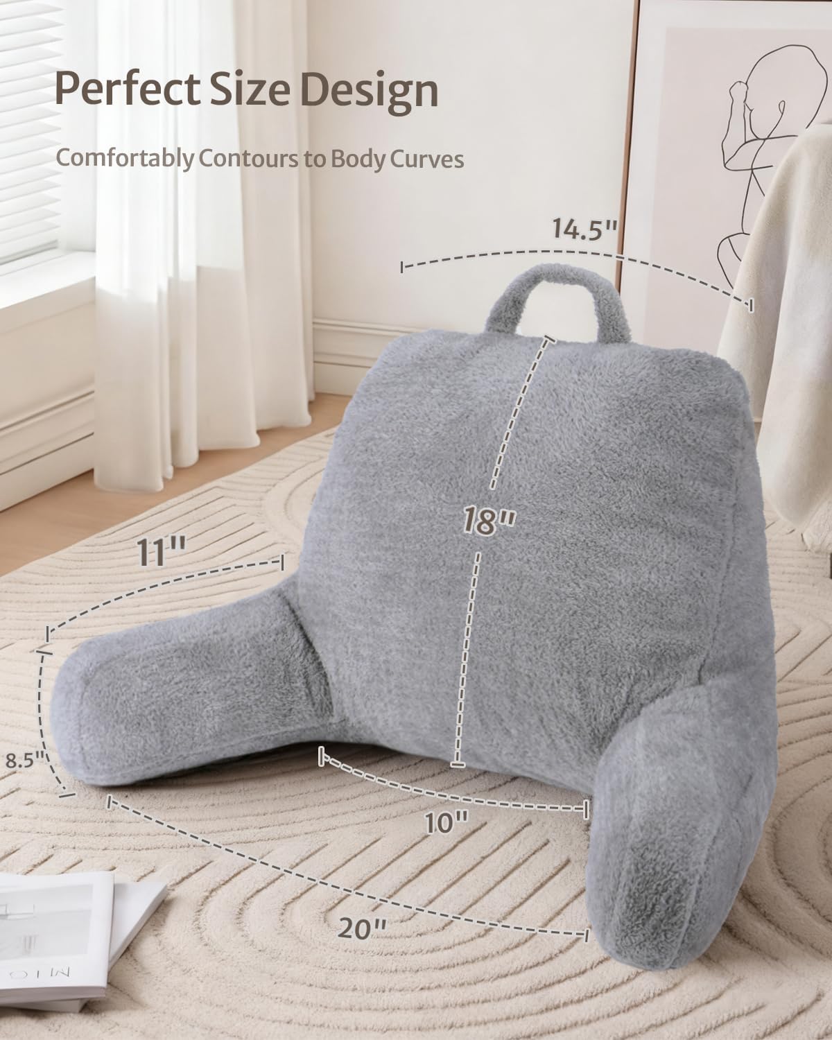 Blissful Diary Reading Pillow, Backrest Pillow with Shredded Memory Foam for Adult & Children, Designed for Bed and Couch Sitting Up, Includes Arms, Pockets and Washable Cover, Off White