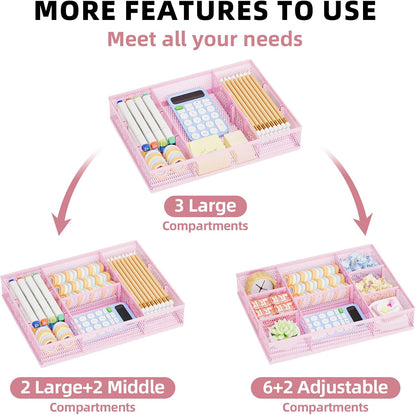 Marbrasse 2 Pack Desk Drawer Organizer, Mesh Drawer Organizer Tray with 8 Adjustable Compartments, Desk Organizers and Accessories, 5 Dividers Drawer for Office Supplies, Makeup & Vanity (Black)