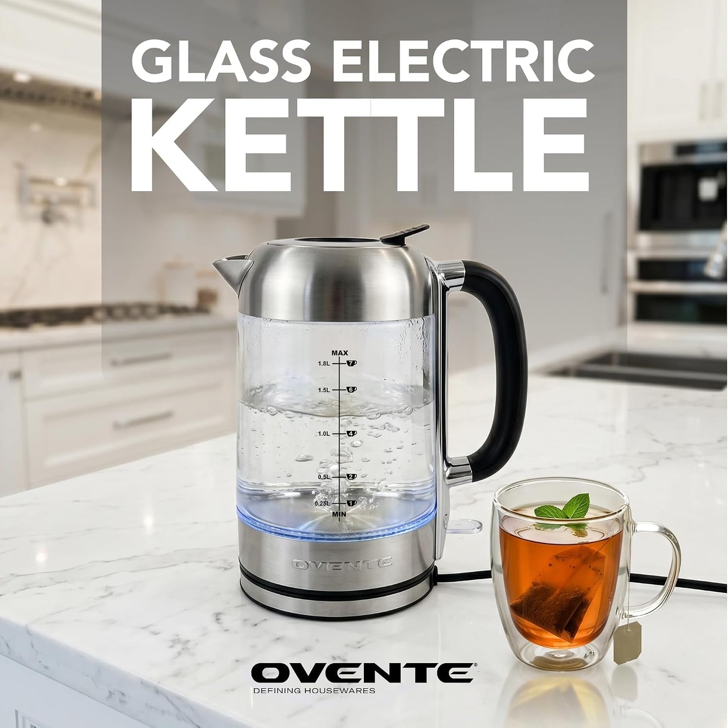 OVENTE 1.8L Glass Electric Kettle Water Boiler, Silver KG751S | 1500W Fast Boiling, Easy Fill Lid, Borosilicate Glass, BPA-Free, Blue LED, Auto Shut-Off, Boil-Dry Protection, Cordless