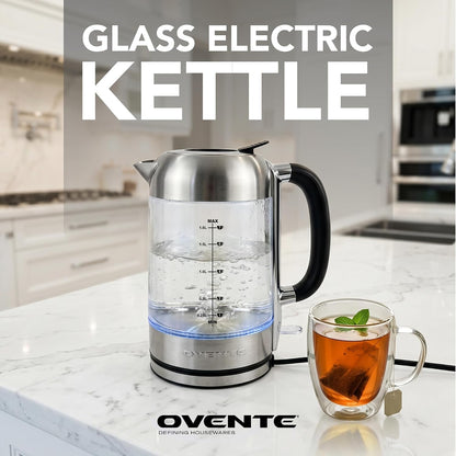 OVENTE 1.8L Glass Electric Kettle Water Boiler, Silver KG751S | 1500W Fast Boiling, Easy Fill Lid, Borosilicate Glass, BPA-Free, Blue LED, Auto Shut-Off, Boil-Dry Protection, Cordless