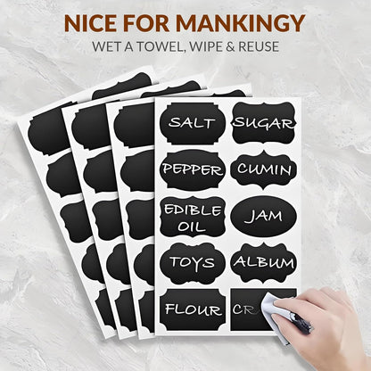 330Pcs Waterproof Labels Stickers for Jars | Reusable Chalkboard Labels, For Food Containers, Bottles, Blackboard Stickers, 1 Erasable Chalk Marker, Black