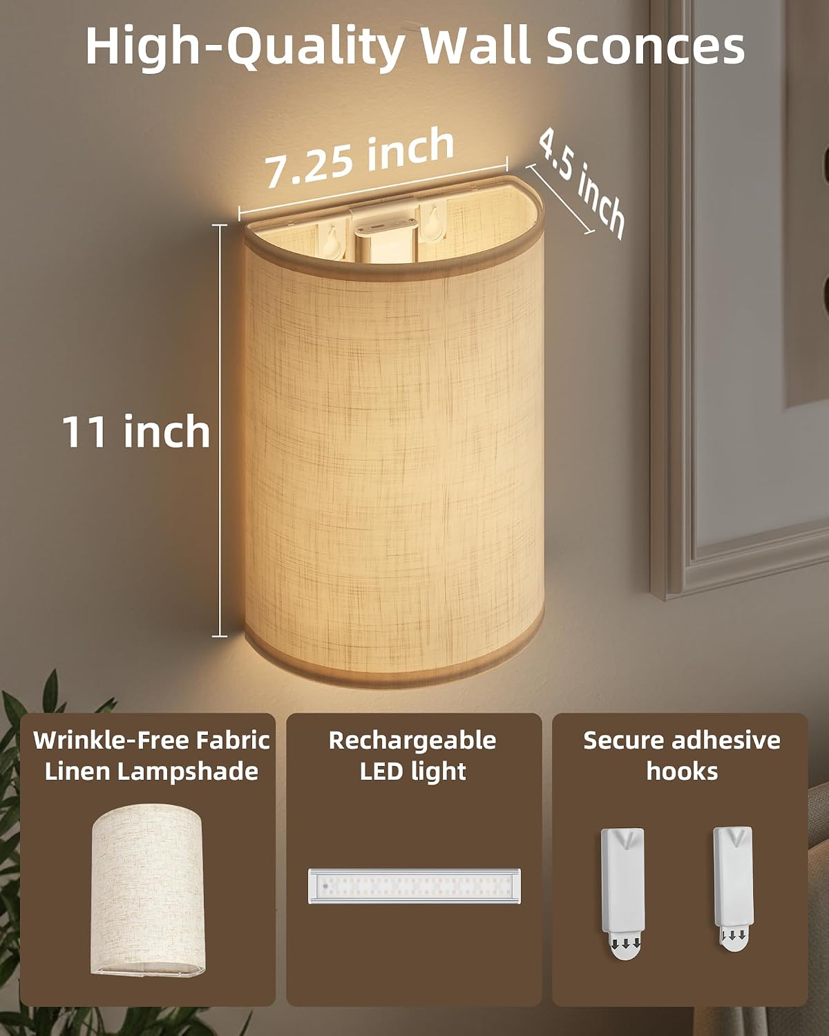 EZVALO Battery Operated Wall Sconce, Rechargeable Wall Sconces Set of Two with Remote, Peel and Stick Wireless Wall Lights, 3 Color & 80 RGB, Dimmable, Timer, Fabric Linen Wall Mount Lamp for Bedroom
