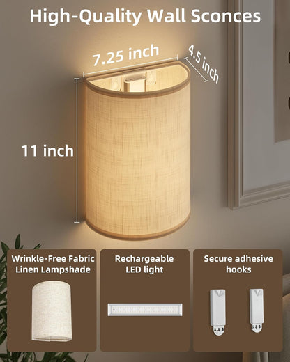 EZVALO Battery Operated Wall Sconce, Rechargeable Wall Sconces Set of Two with Remote, Peel and Stick Wireless Wall Lights, 3 Color & 80 RGB, Dimmable, Timer, Fabric Linen Wall Mount Lamp for Bedroom