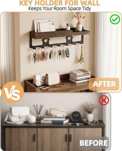 lucdnc Key Holder for Wall Mounted with Tray, 7 Hooks & Wood Shelf | Decorative Entryway Organizer for Mail, Keys, Sunglasses, Wall Mounted, Home Office