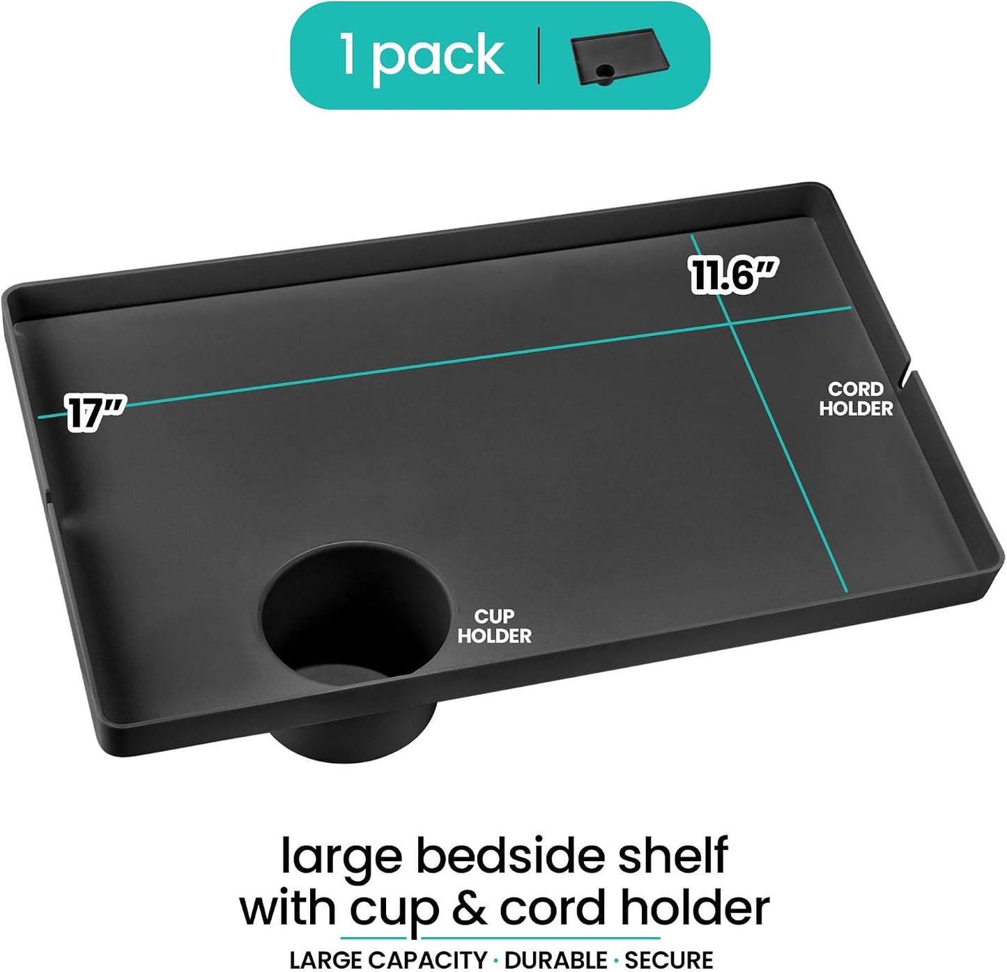 Modern Innovations Bedside Shelf for Bed, College Dorm Room, Bunk Bed Shelf/Caddy for Top Bunk, Clip On Nightstand Tray with Cord and Cup Holder for Table Storage (Black)