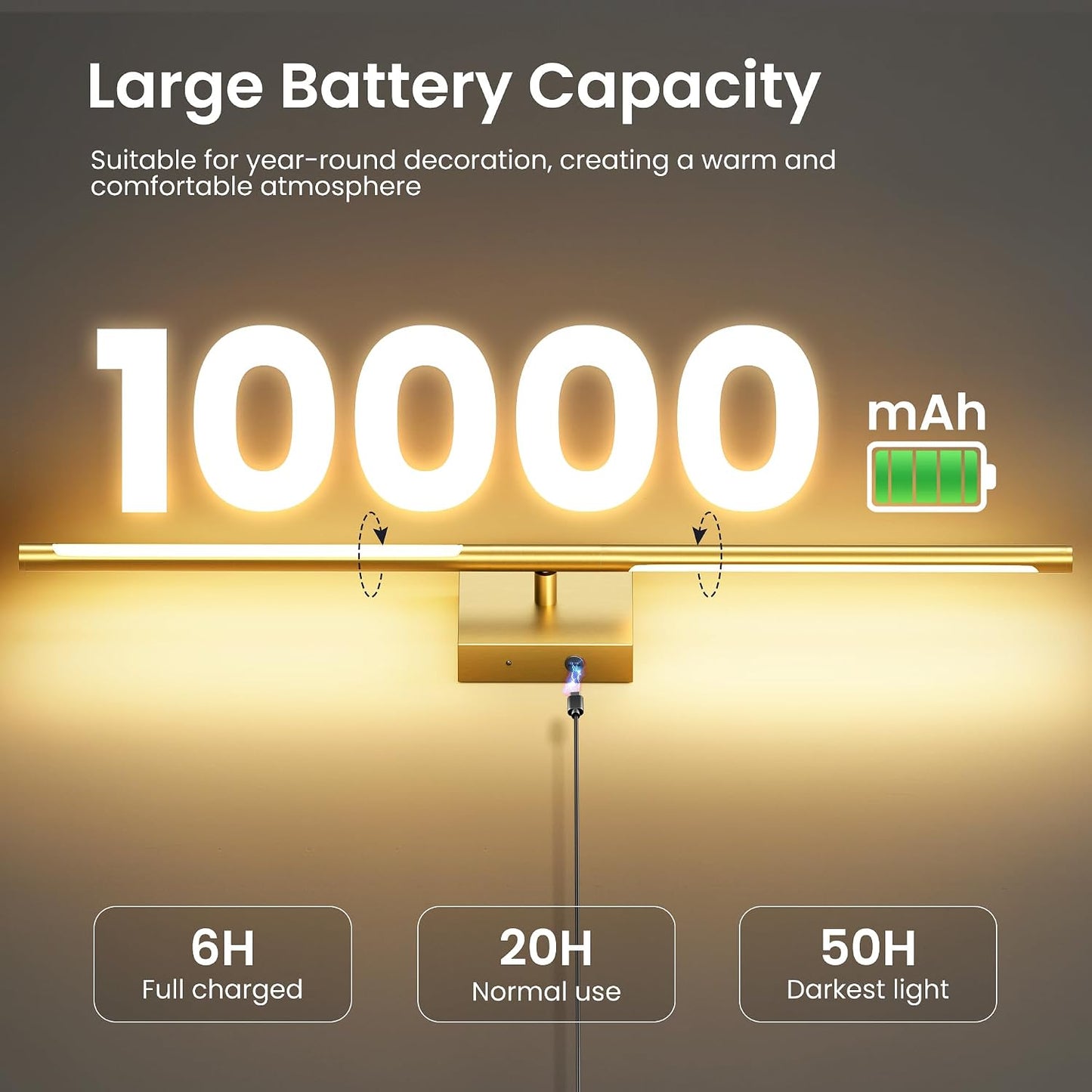 10000mAh Rechargeable Wall Lights, Black Gold, 29 Inch, 3CCT, 2 Pack | Battery Operated Wall Sconces Set of 2, Remote Control, 360° Rotate, Dimmable, LED Cordless Lamps for Bedroom, Living Room