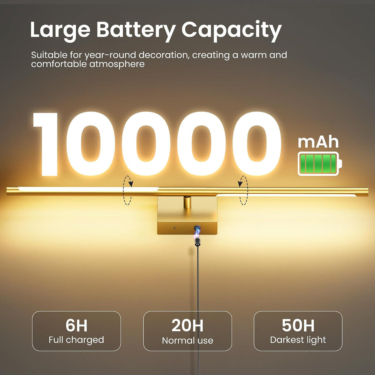10000mAh Rechargeable Wall Lights, Black Gold, 29 Inch, 3CCT, 2 Pack