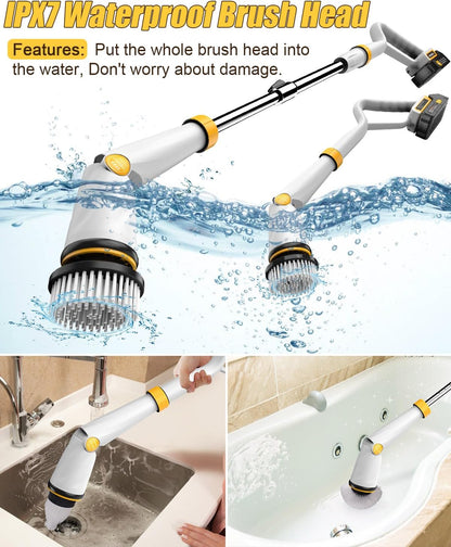 Qimedo 1500 RPM Electric Spin Scrubber with Two Batteries Q2 Pro, Cordless Battery Powered Shower Scrubber,Electric Tile Floor Scrubber with Display for Grout/Tile/Tub (Effortless Handle/8 Brushes)
